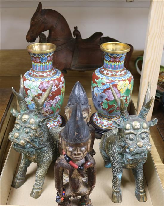 A pair of Chinese cloisonne enamel vases, a pair of bronze beasts, two African wood figures and a model of a horse